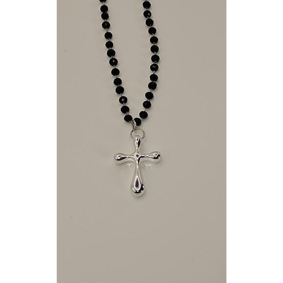 Sterling Silver Cross Necklace Adjustable Black Rosary Chain Lightweight - Picture 6 of 6